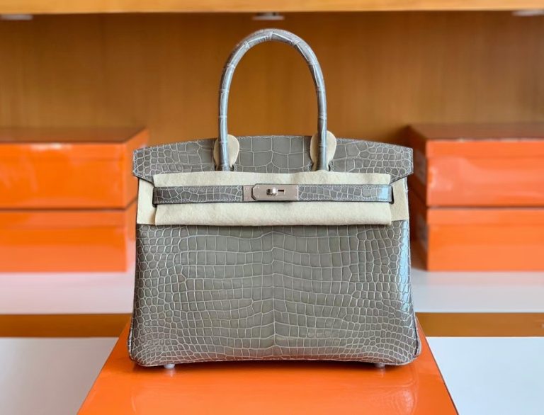 Túi Hermes Birkin Shiny Porosus crocodile Griss Silver Hardware Handmade khâu tay 30cm
