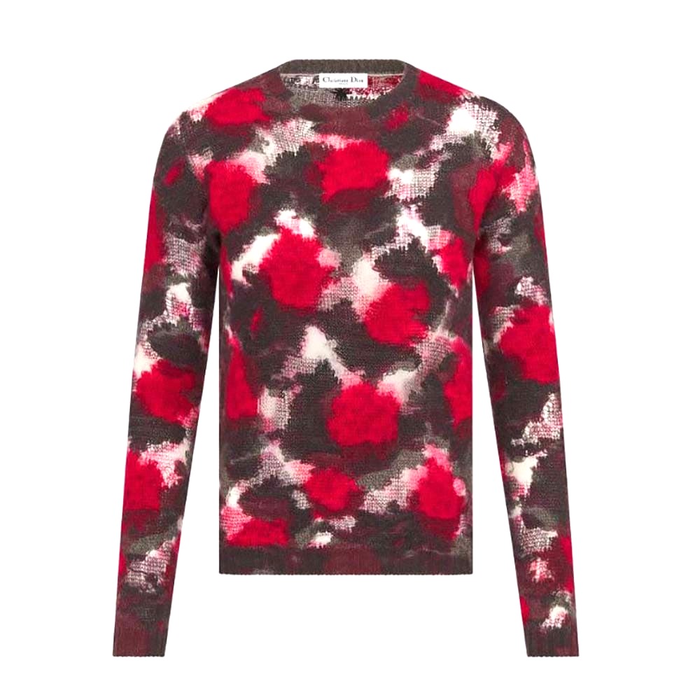 ÁO Dior Sweater Red Multicolor Technical Cashmere Mohair and Wool Knit with Dior Roses Motif