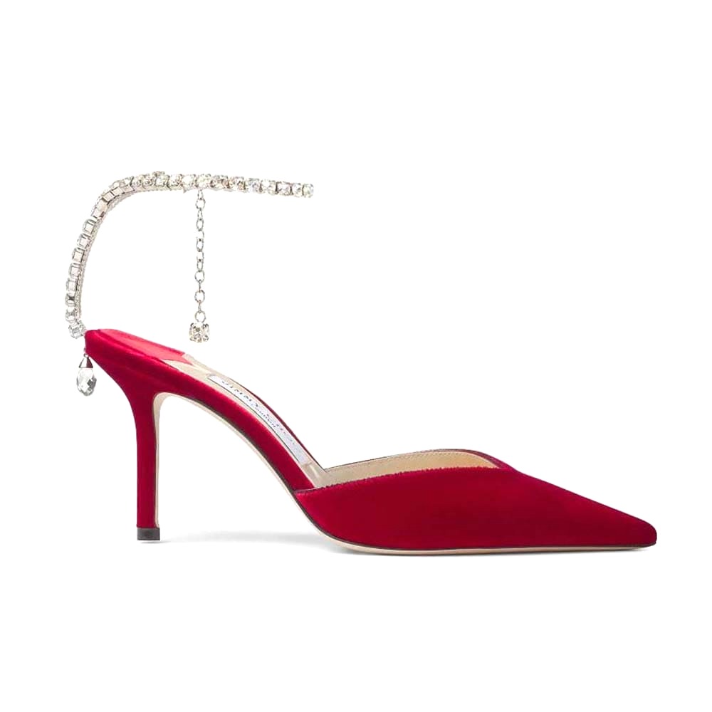 GIÀY Jimmy Choo Women Saeda 85 Red Velvet Pumps with Crystal Embellishment