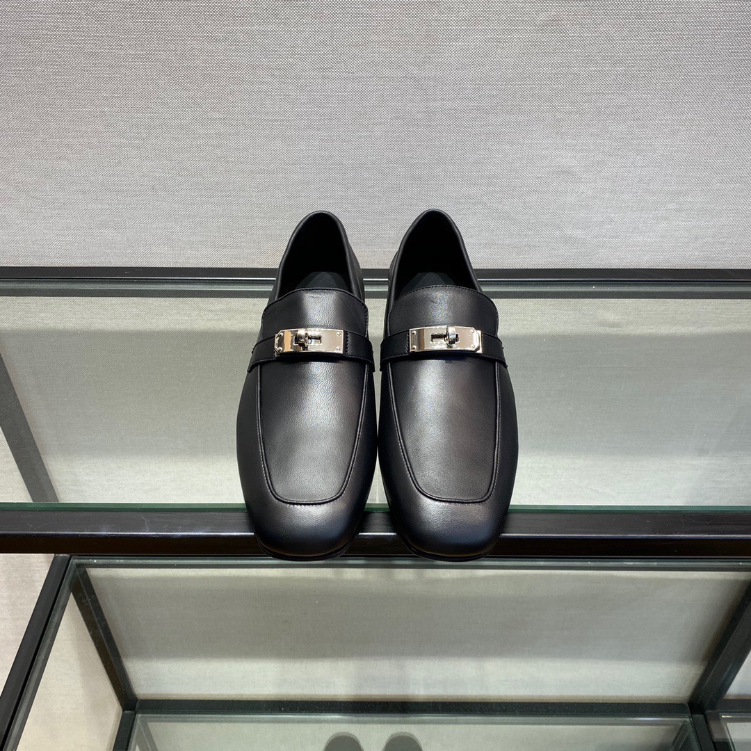 GIÀY HERMES KELLY LEATHER BLACK LOAFER SHOES