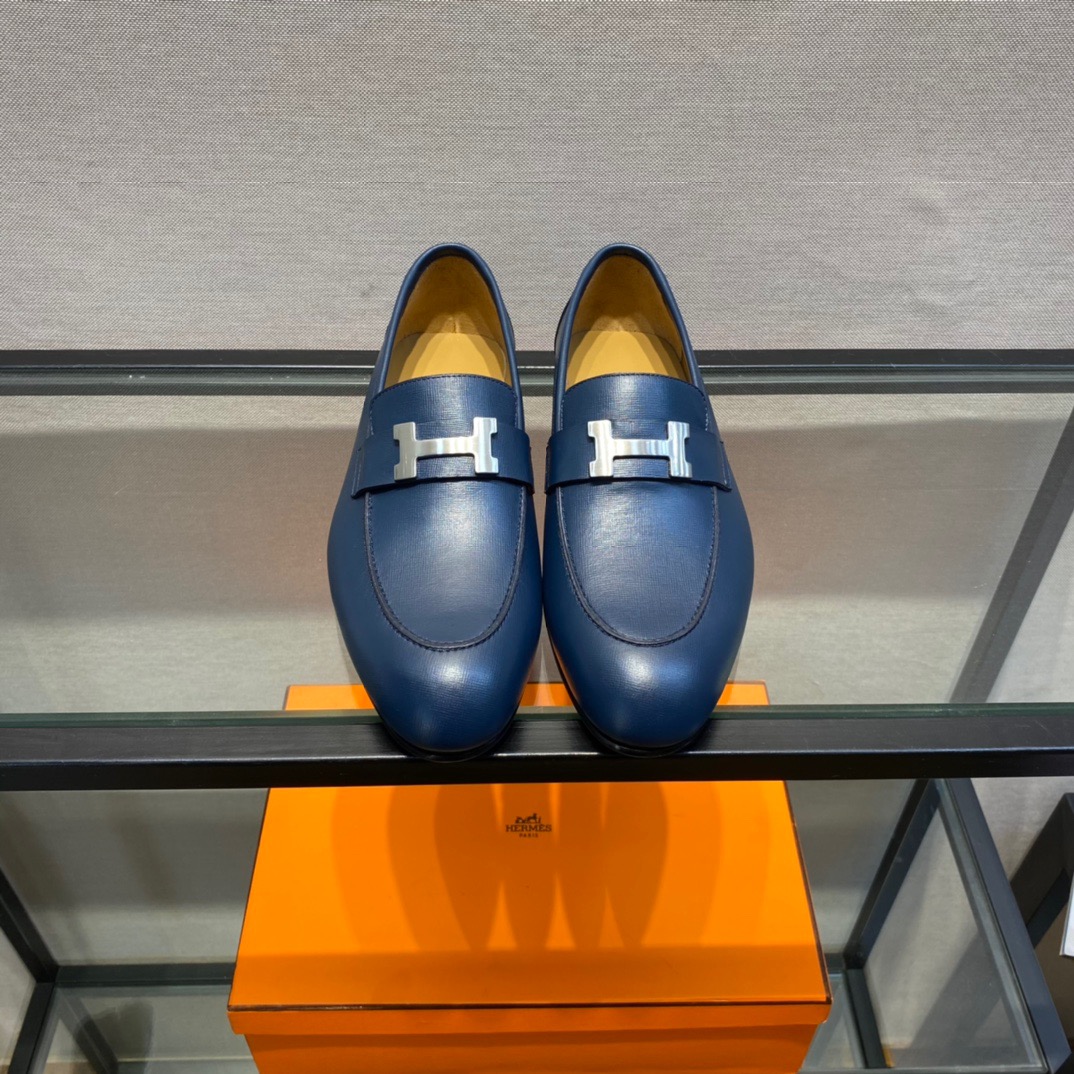 GIÀY HERMES LEATHER BLUE LOAFER SHOES