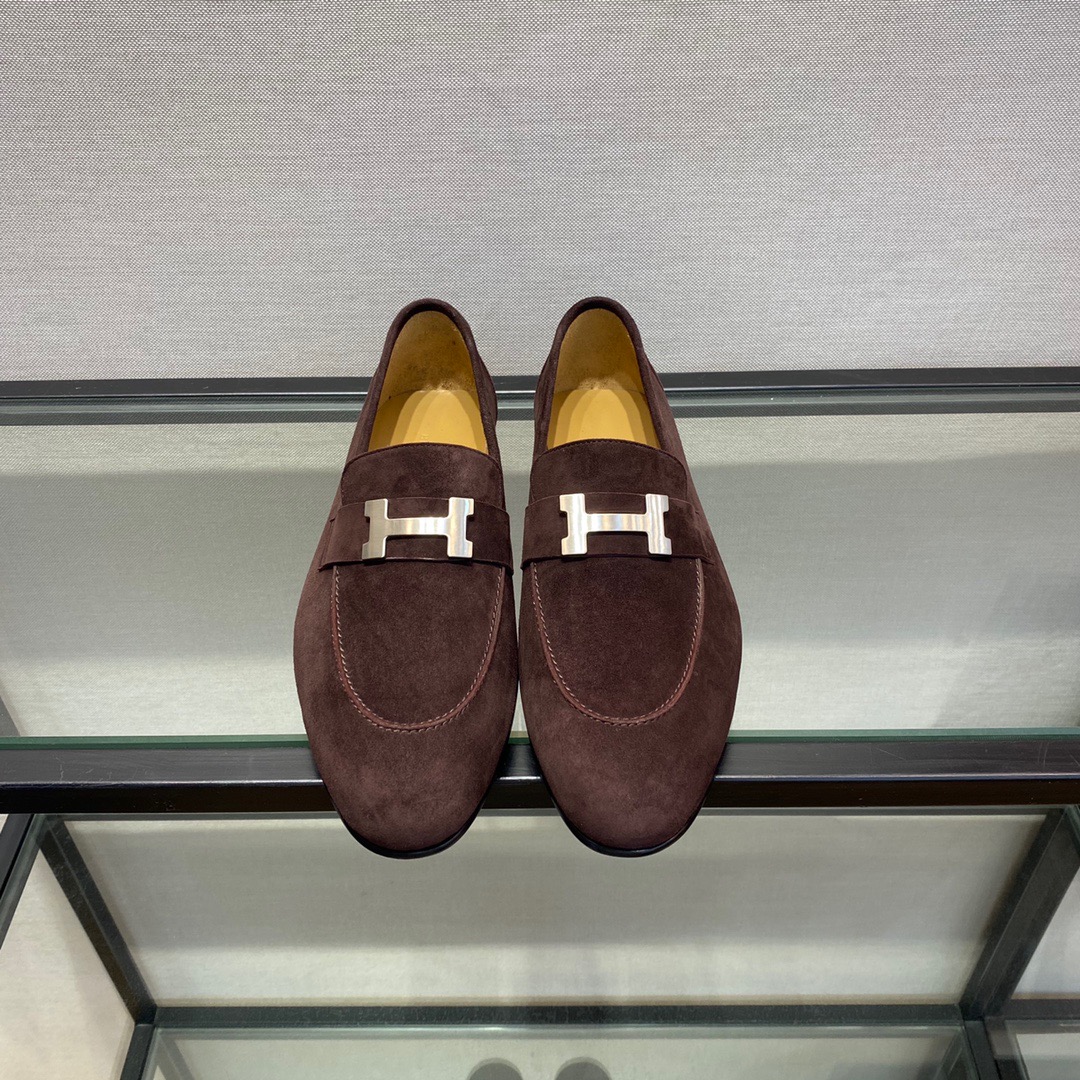 GIÀY HERMES SUEDE LEATHER BROWN LOAFER SHOES