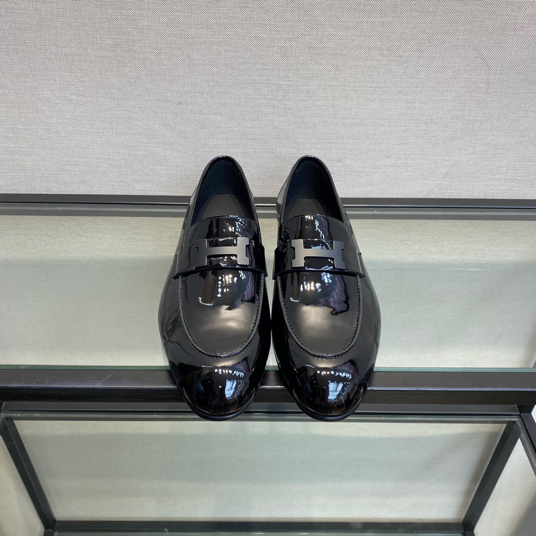 GIÀY HERMES GLOSS LEATHER BLACK LOAFER SHOES