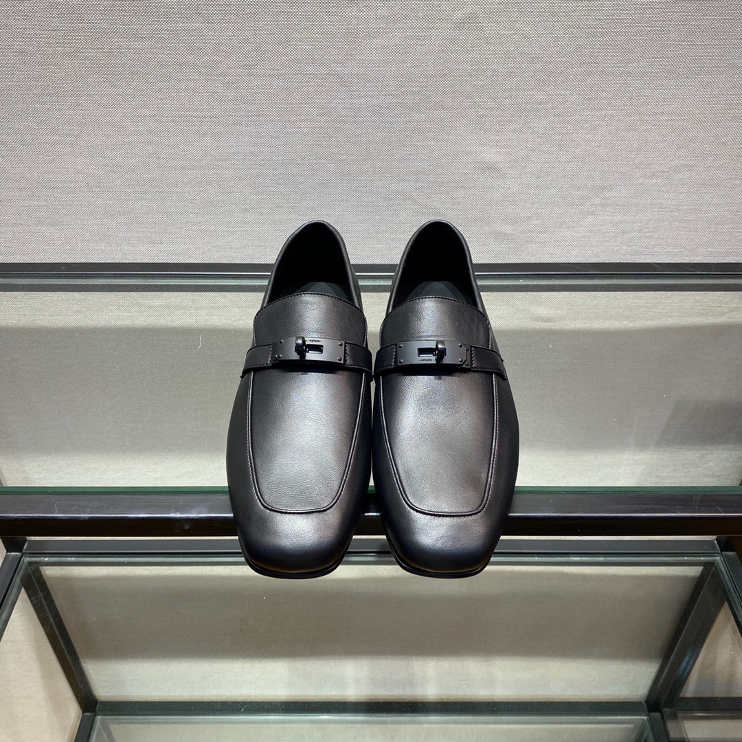 GIÀY HERMES KELLY LEATHER BLACK LOAFER SHOES