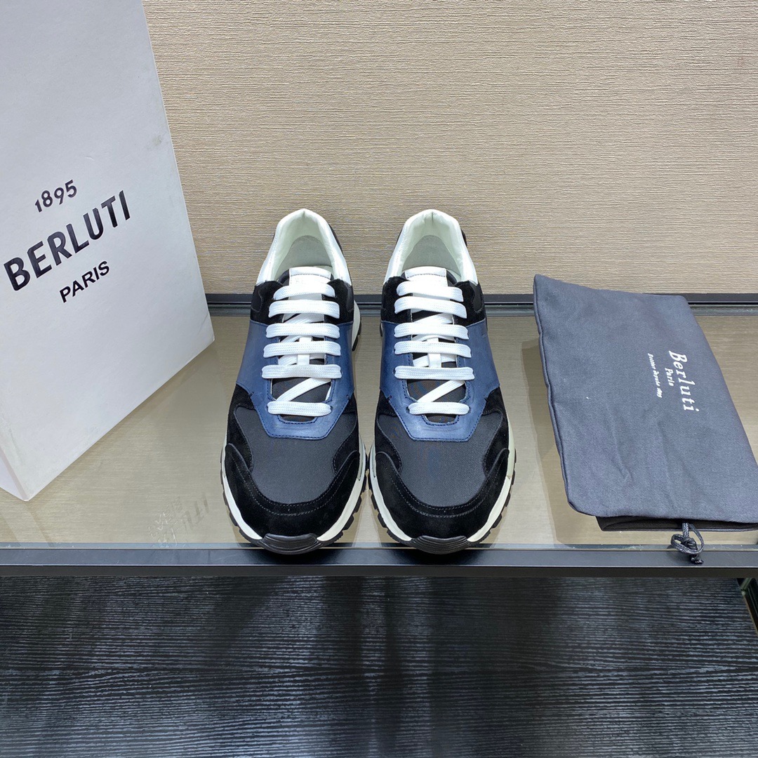 GIÀY BERLUTI Leather and Suede Black  Blue Sneaker shoes