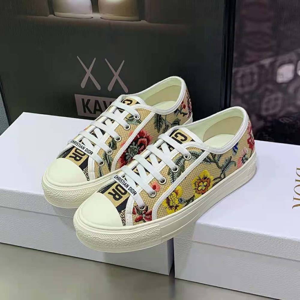 GIÀY Dior Women Walk’N’Dior Sneaker Beige Multicolor Raffia Embroidered with Dior Petites Fleurs Motif