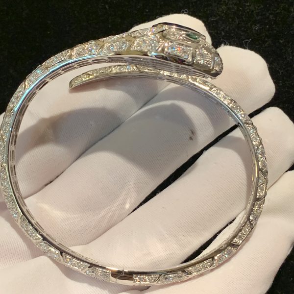 Vòng tay BVLGARI Serpenti Pave Diamond & Blue Sapphire kim cương vàng trắng 18K