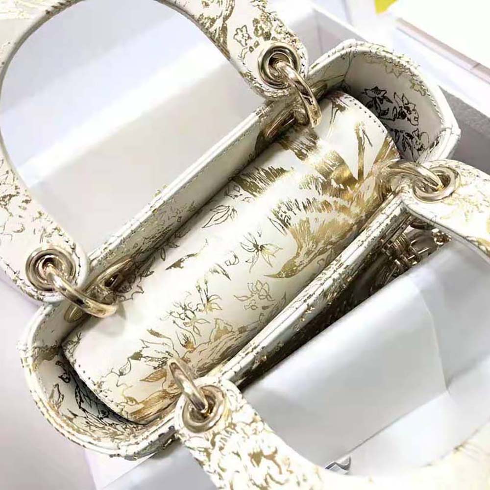 TÚI Christian Dior  Dior Bag White Calfskin with Gold-Tone Printed and Bead-Embroidered Dior Jardin D’Hiver Motif