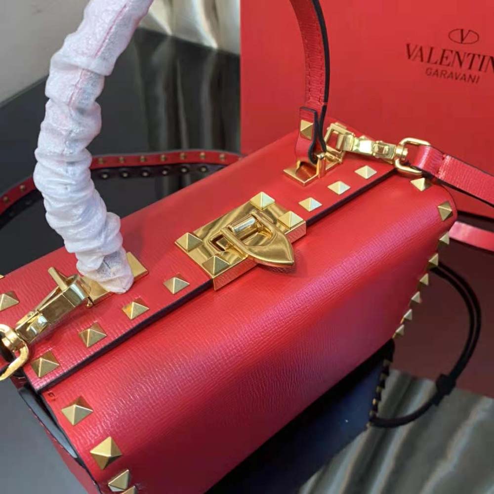 TÚI VALENTINO Rockstud Alcove Grainy Calfskin Box Bag-Red
