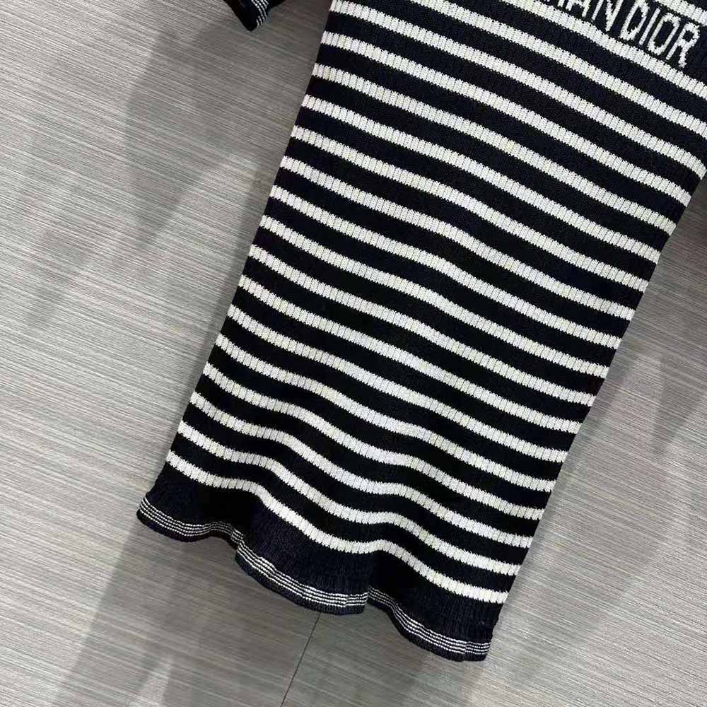 ÁO DIOR Short-Sleeved Sweater Navy Blue and White Cotton Ribbed Knit