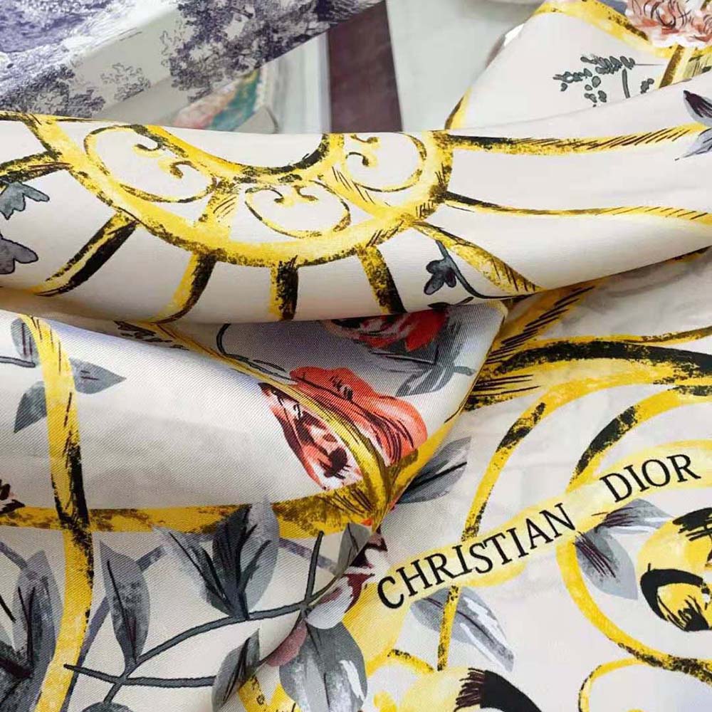 KHĂN Dior Granville 90 Square Scarf White and Gray Silk Twill
