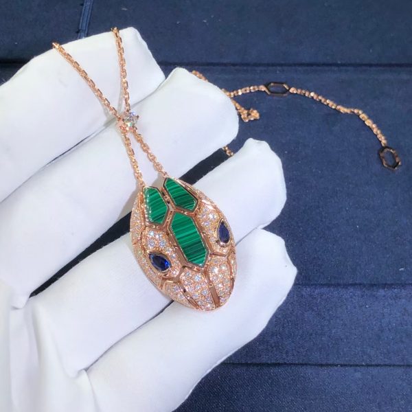Vòng cổ BVLGARI Serpenti đá Sapphire Malachite & kim cương Pave vàng hồng18K