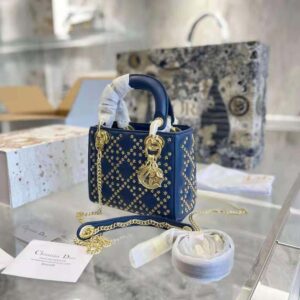 TÚI Dior Women Mini Lady Dior Bag Denim Blue Lucky Star Cannage Lambskin
