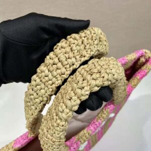 TÚI Prada Women Large Raffia Tote Bag with Embroidered Lettering Logo on the Front-Pink