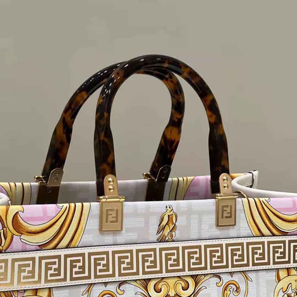 TÚI Fendi Women Sunshine Medium Fendace Printed White Leather Shopper
