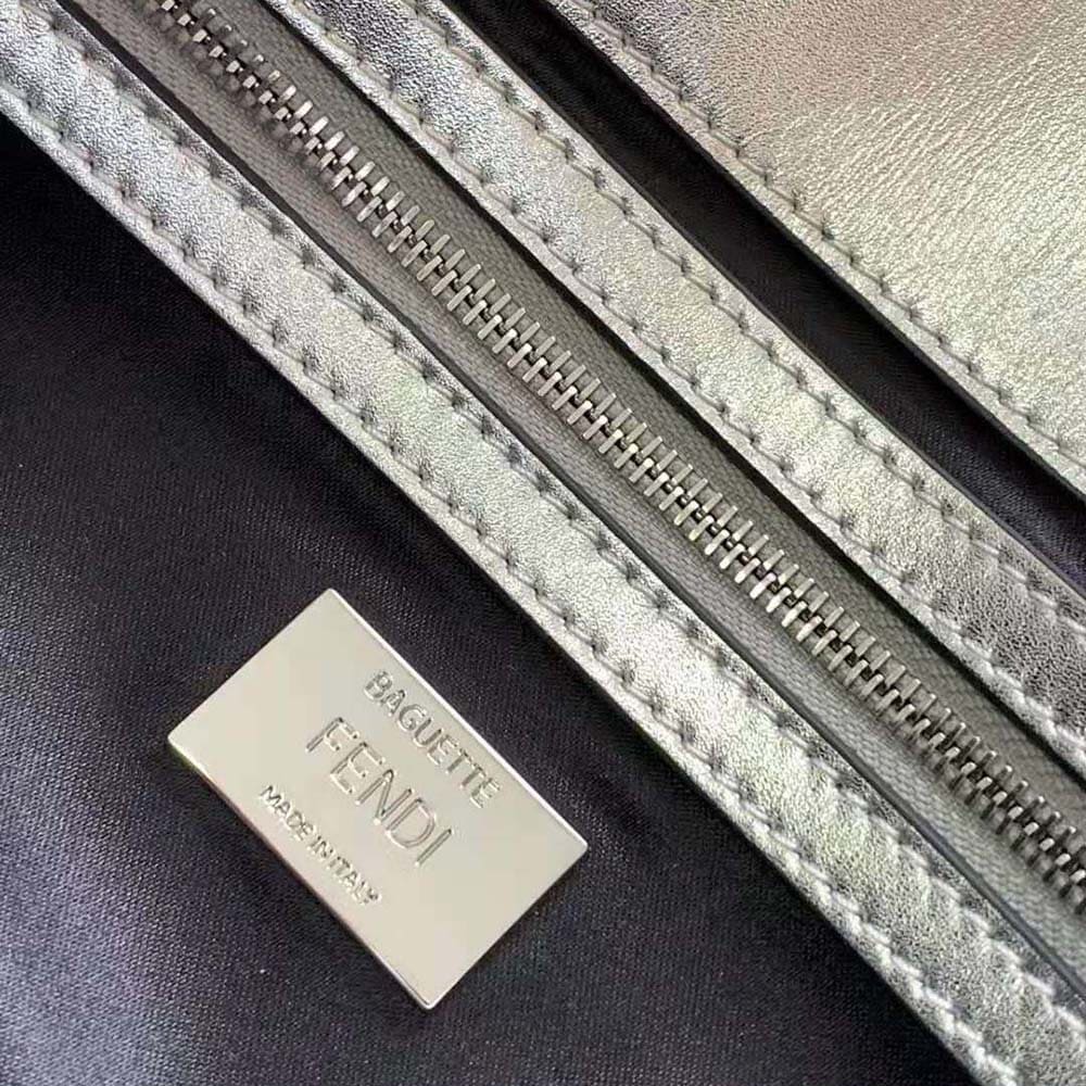 TÚI FENDI Women Baguette Mini Silver Leather Bag with Crystal FF Motif