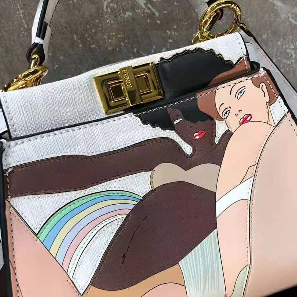 TÚI Fendi Women Peekaboo Iconic Mini FF white Glazed Fabric Bag with Inlay