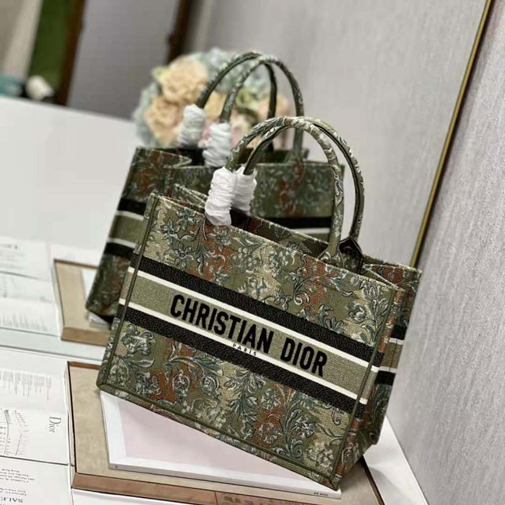 TÚI Christian Dior Book Tote Metallic Green Dior Brocart Embroidery