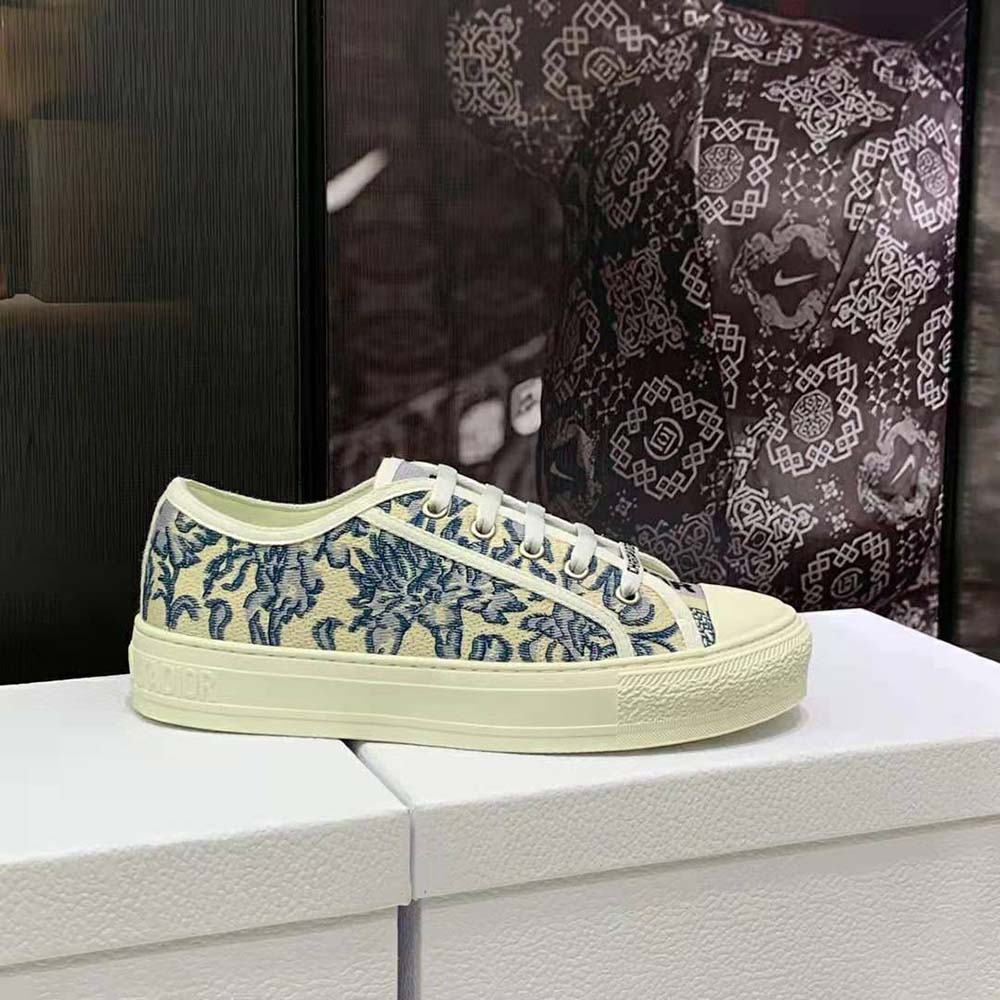 GIÀY Dior Women Walk’N’Dior Sneaker Duck Blue Dior Brocart Embroidered Cotton with Gold-Tone Metallic Thread