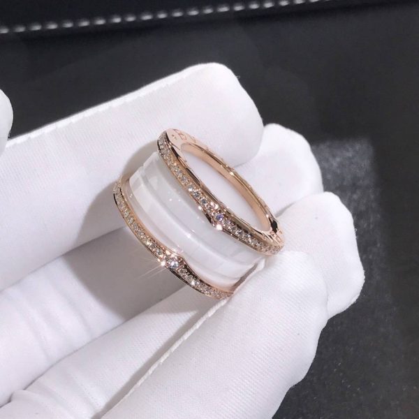 Nhẫn BVLGARI B.zero1 4 vòng bằng gốm sứ trắng kim cương vàng hồng 18K