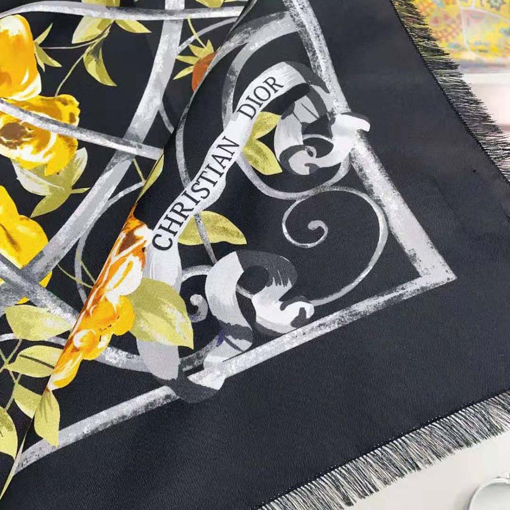 KHĂN Dior Granville 90 Square Scarf Black and Gold-Tone Silk Twill