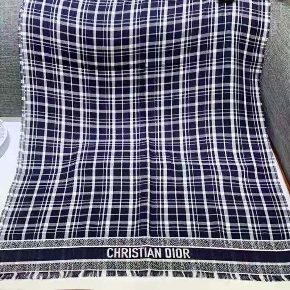 KHĂN Dior Women Checkndior Pop Stole Navy Blue Cashmere Silk and Cotton