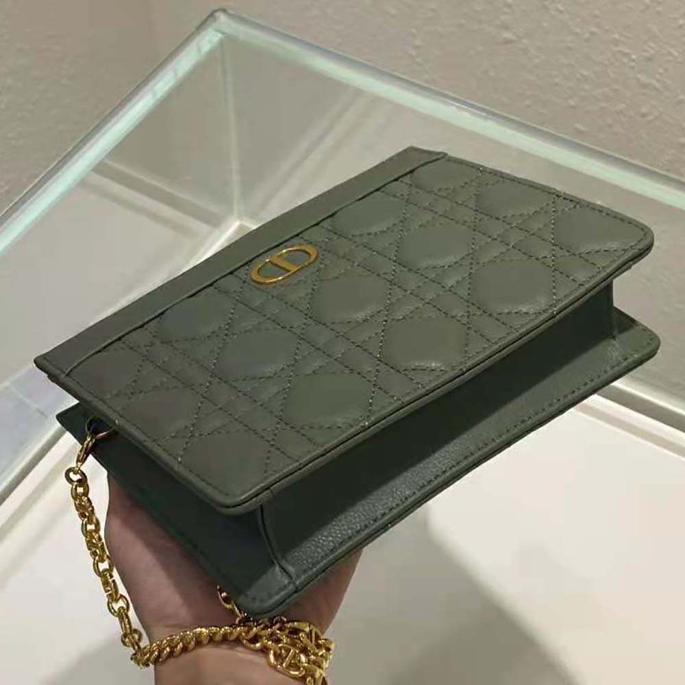 TÚI Dior Women Caro Zipped Pouch with Chain Cedar Green Supple Cannage Calfskin-Green