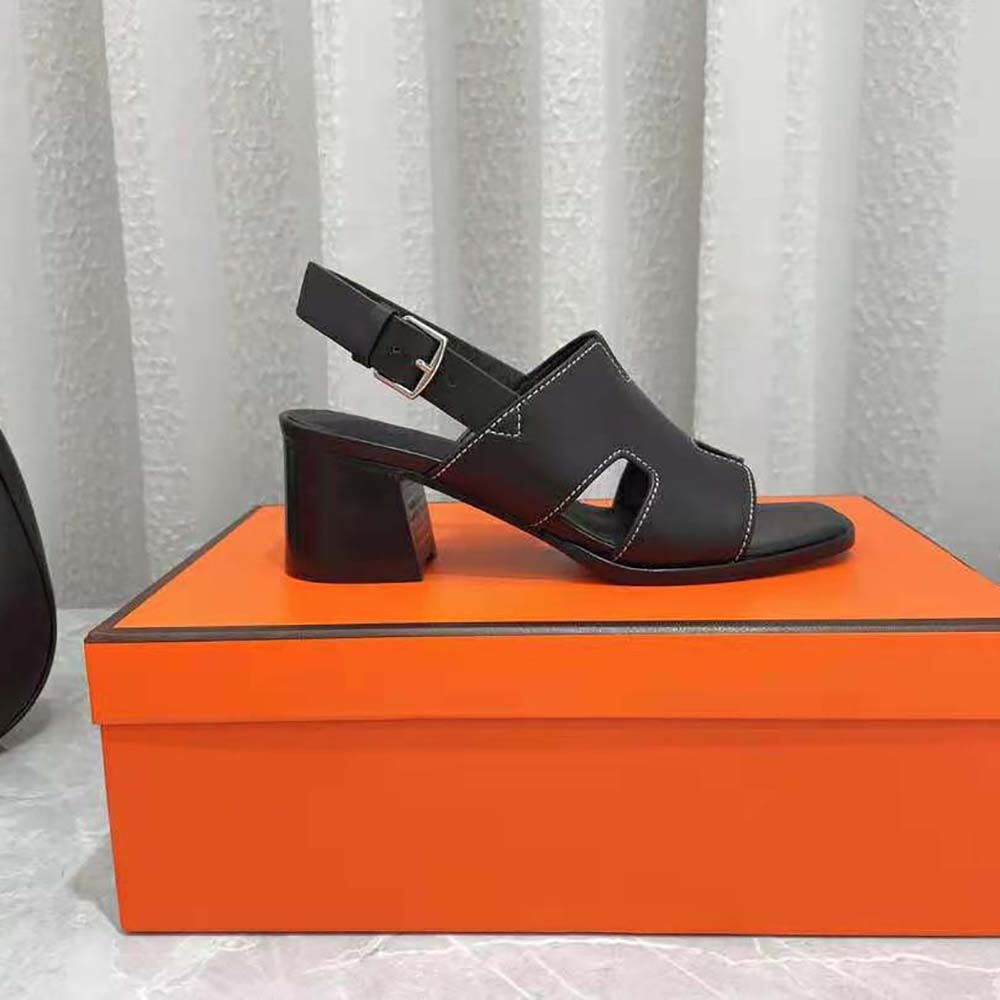 GIÀY Hermes Women Elbe 60 Sandal in Calfskin with H Cut-Out Detail-Black SS2022