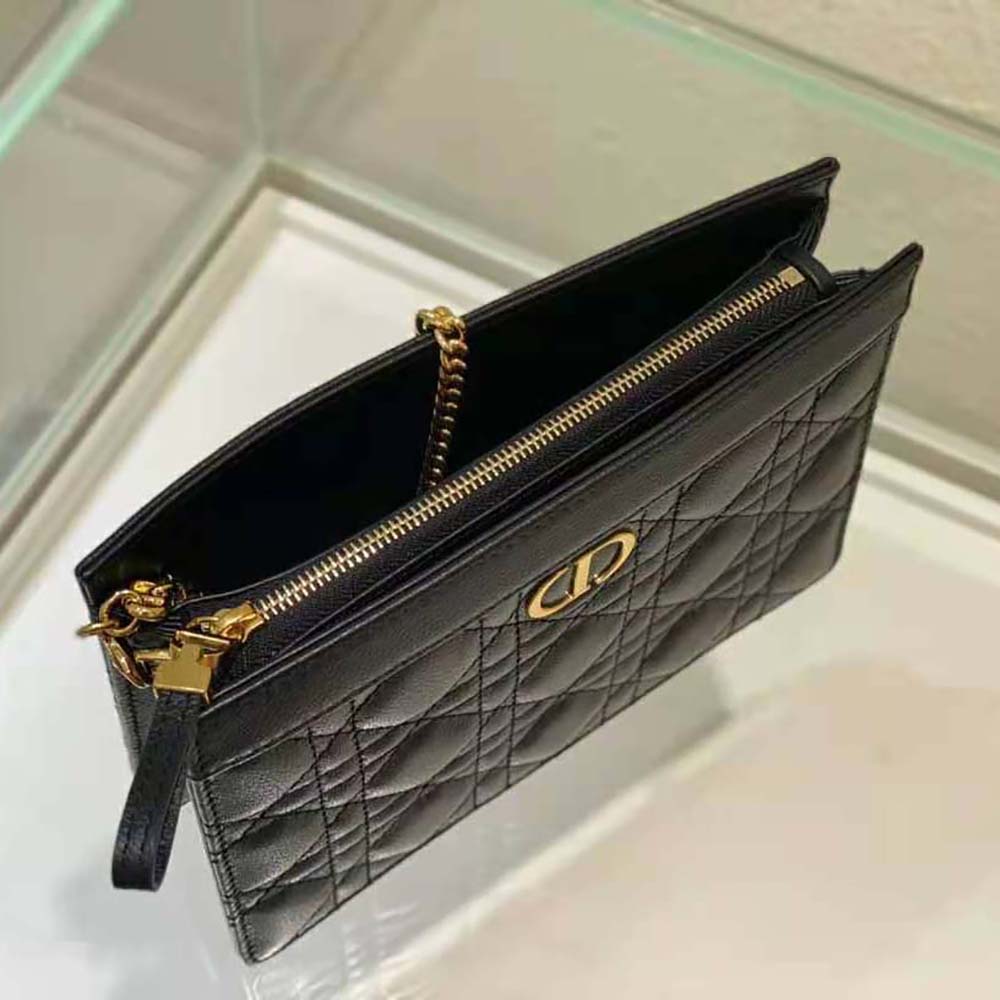 TÚI Dior Women Caro Zipped Pouch with Chain Black Supple Cannage Calfskin