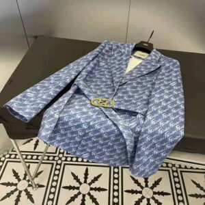 ÁO Fendi Women Light Blue Chambray Jacket with Peak Lapels and Breast Pocket