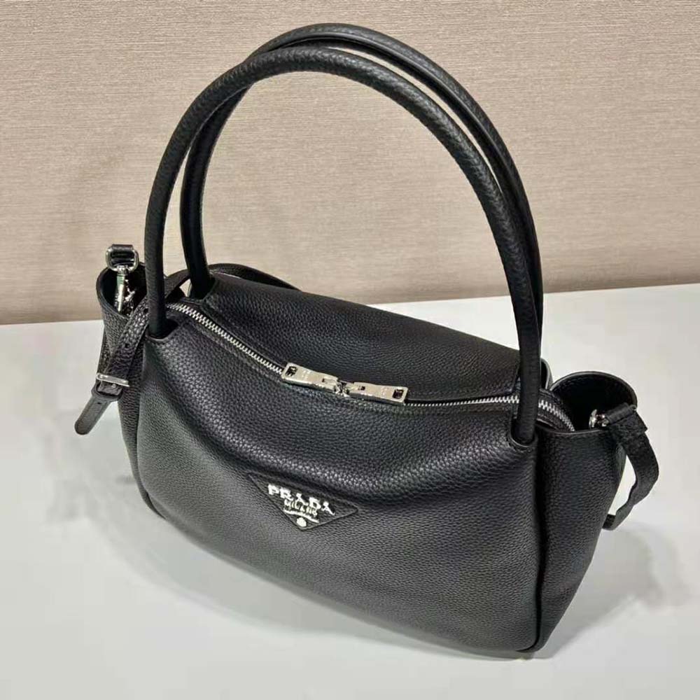 TÚI Prada Women Large Leather Handbag with the Prada Metal Lettering Logo Gleaming at Its Center-Black