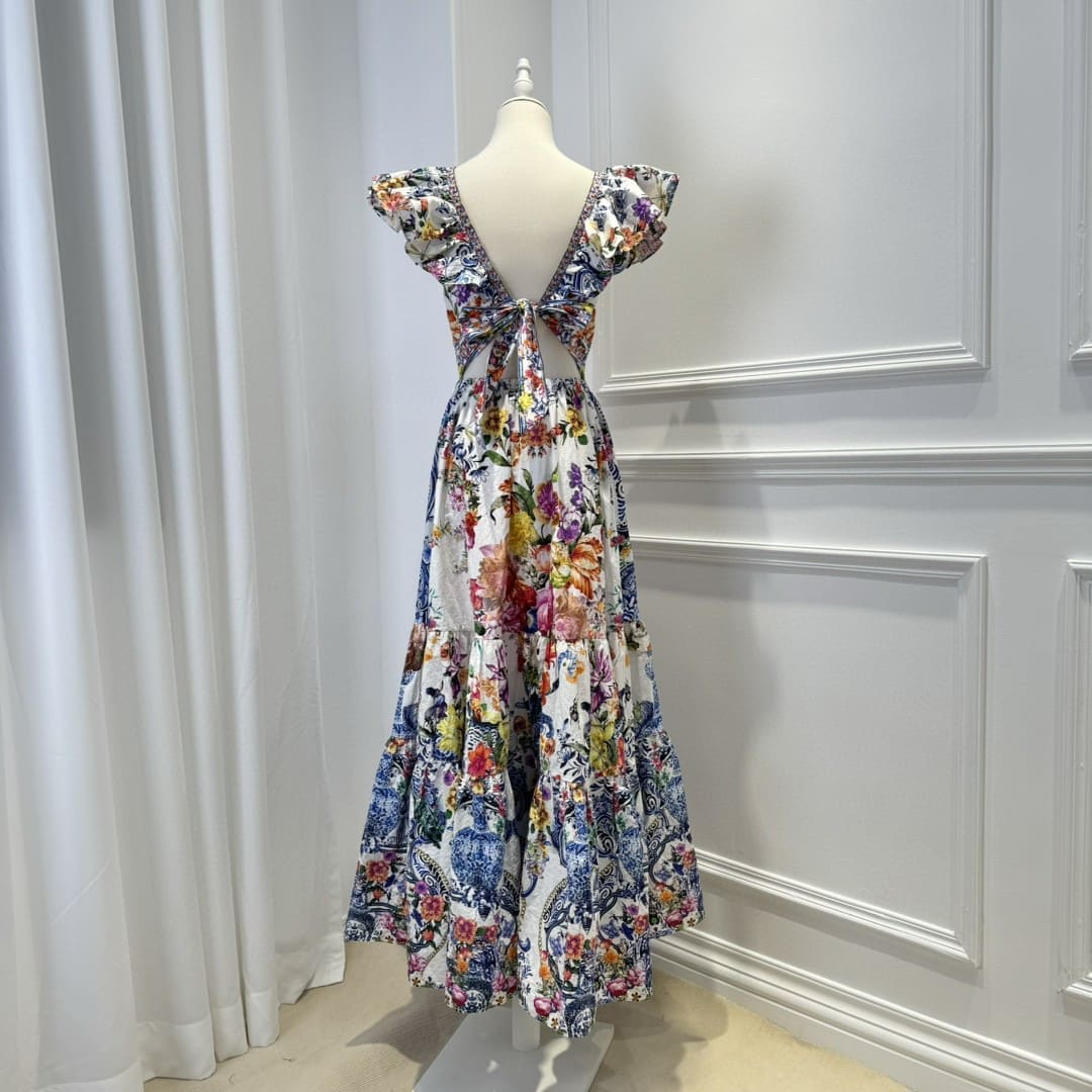 VÁY CAMILLA V NECK COLORFUL FLOWER MID DRESS High Classy