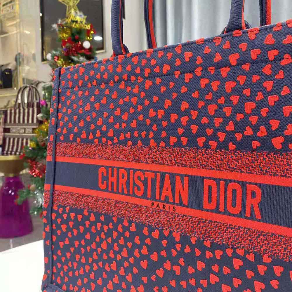 TÚI Dior Women Small Dior Book Tote Navy Blue I Love Paris and Red Hearts Embroidery
