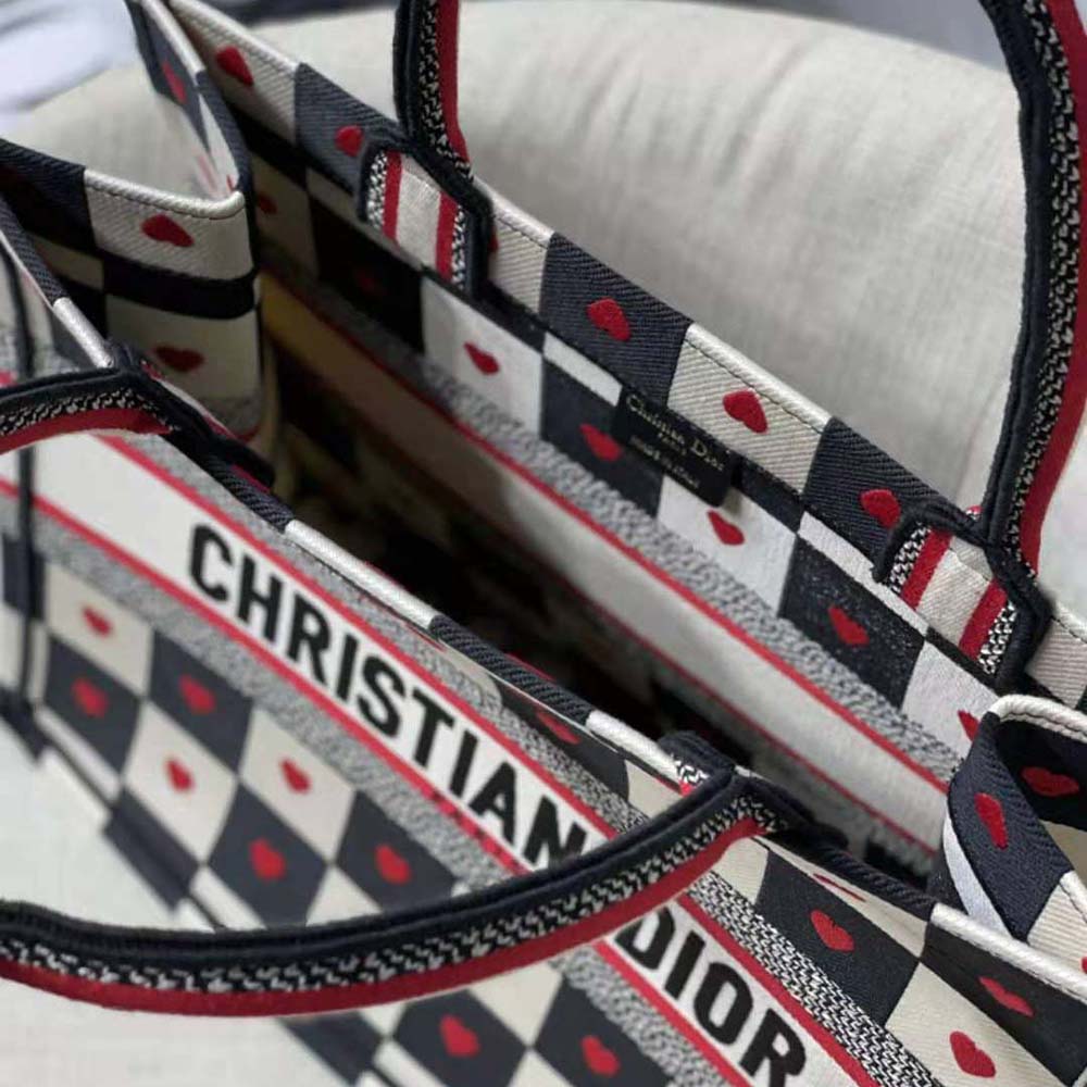 TÚI Dior Women Small Dioramour Dior Book Tote Black White and Red D-Chess Heart Embroidery