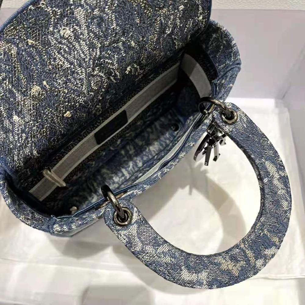 TÚI Christian Dior Lady D-Lite Bag Blue Dior Brocart Denim-Effect Embroidery