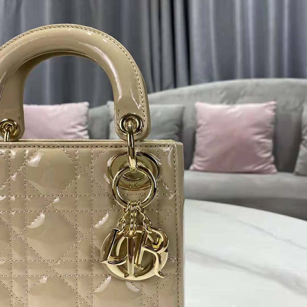 TÚI Dior Women Mini Lady Dior Bag Pale Yellow Patent Cannage Calfskin