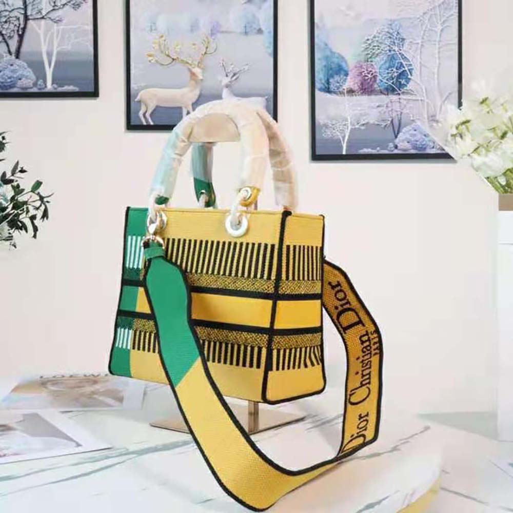 TÚI Dior Women Medium Lady D-lite Bag Bright Yellow and Green D-Flower Pop Embroidery