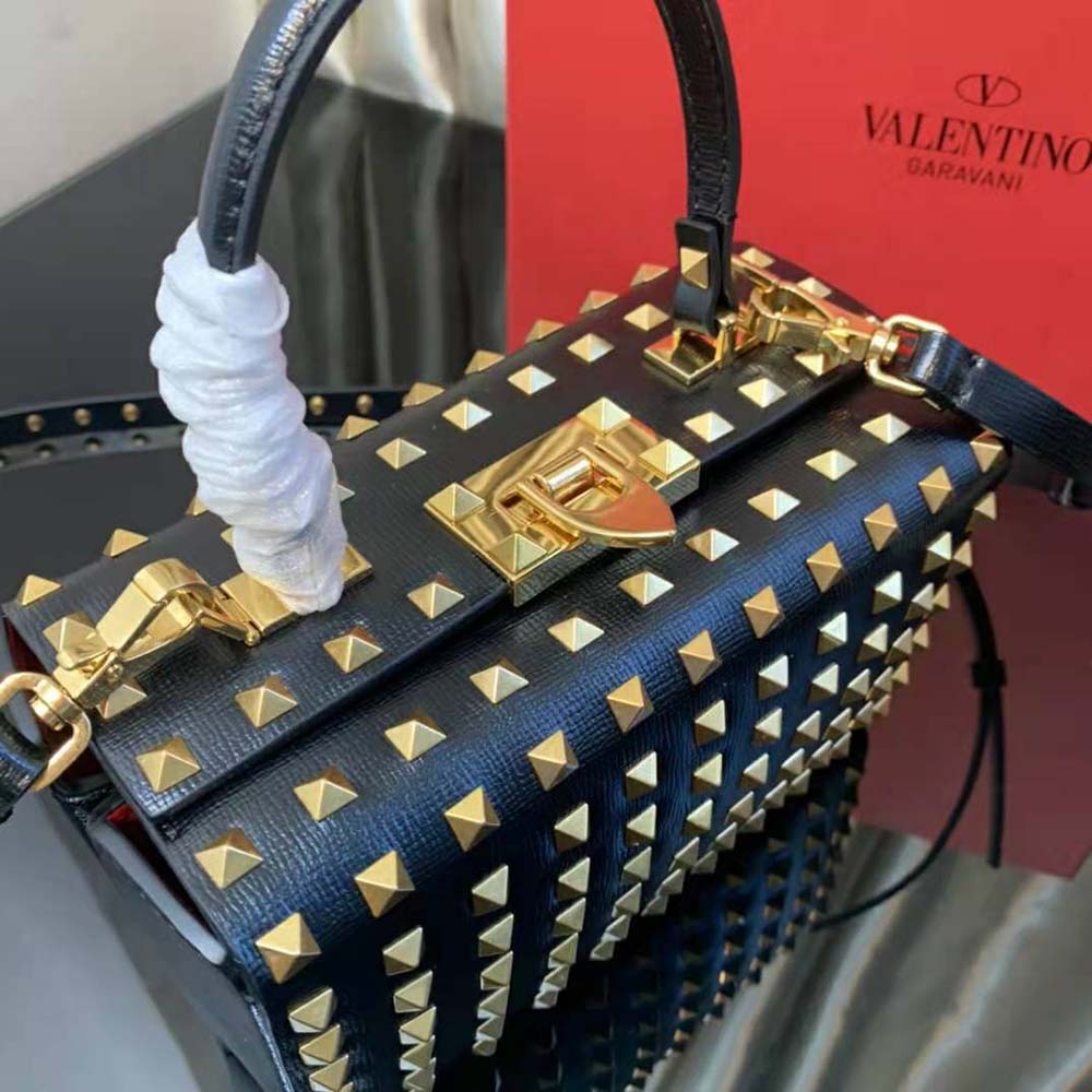 TÚI VALENTINO Rockstud Alcove Grainy Calfskin Box Bag-Black