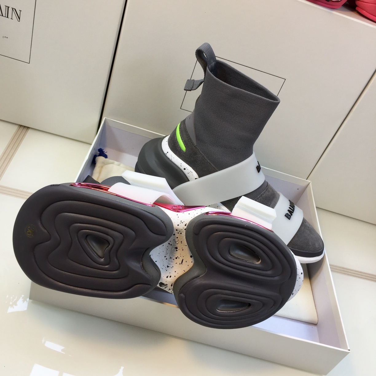 GIÀY BALMAIN GREY PINK HIGH TOP SNEAKERS