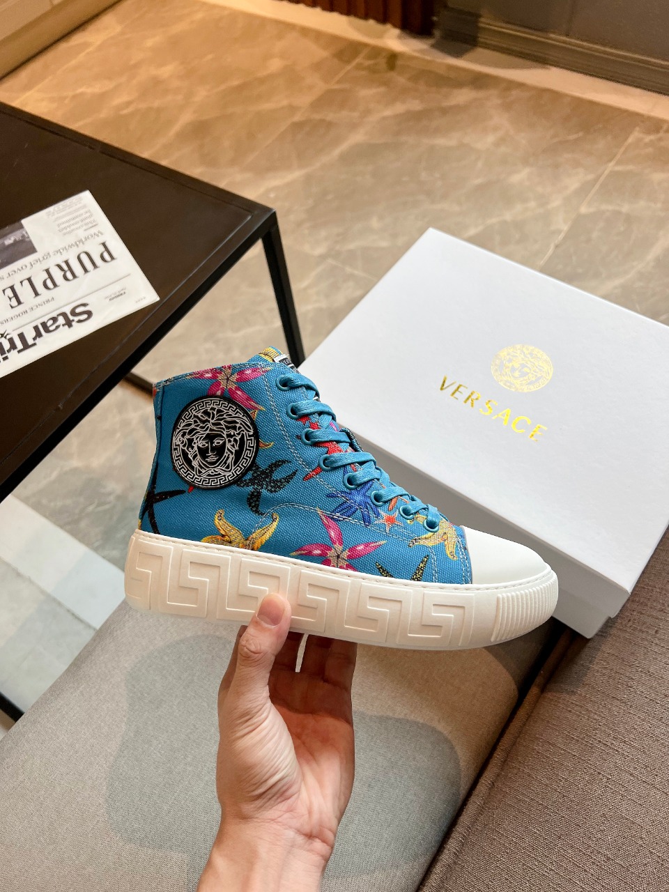 GIÀY VERSACE GRECA SNEAKERS HIGH TOP CANVAS OCEAN