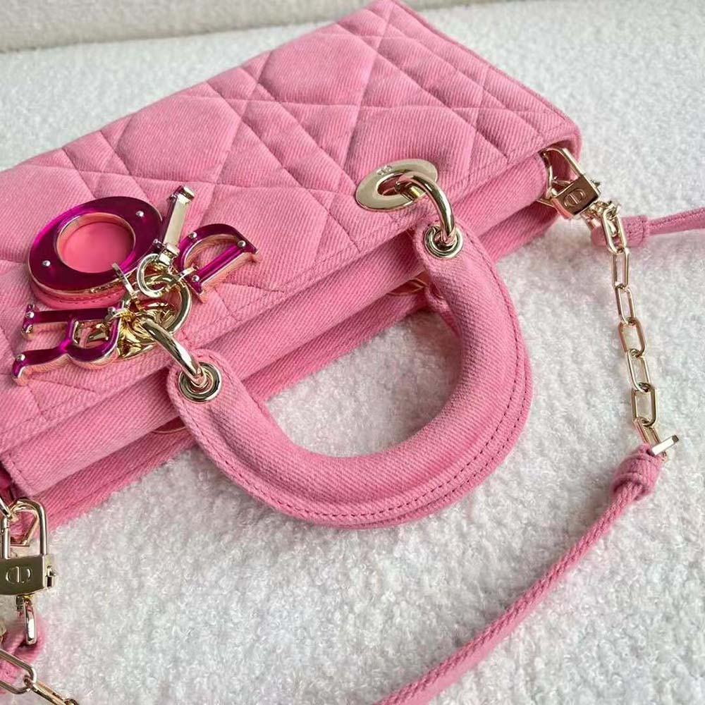 TÚI Dior Women Lady D-Joy Bag Bright Pink Cannage Denim