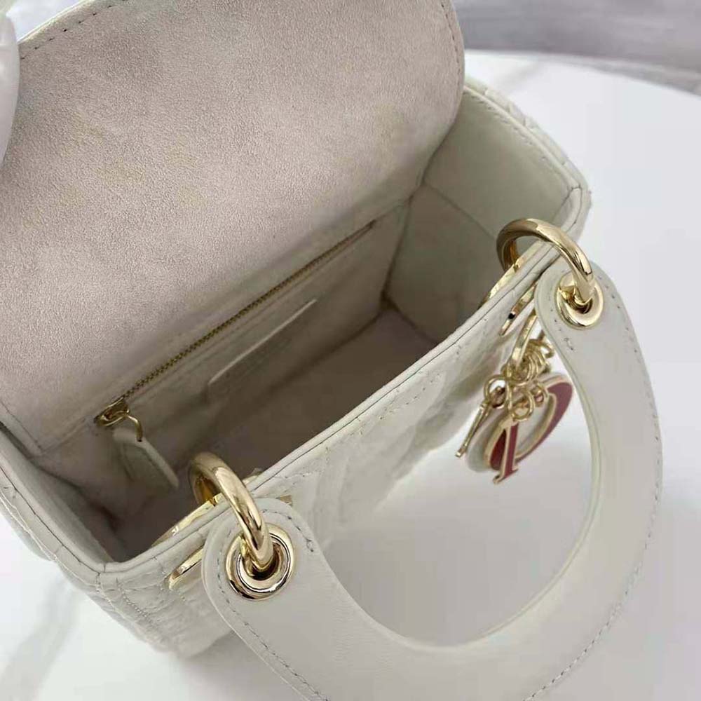 TÚI Dior Women Mini Lady Dior Dioramour Bag Latte Cannage Lambskin with Heart Motif-White