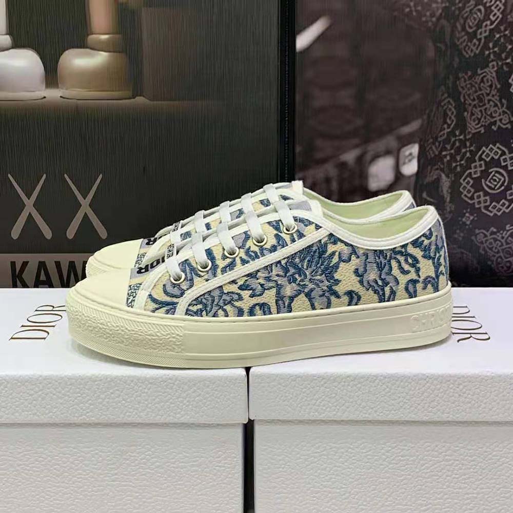 GIÀY Dior Women Walk’N’Dior Sneaker Duck Blue Dior Brocart Embroidered Cotton with Gold-Tone Metallic Thread