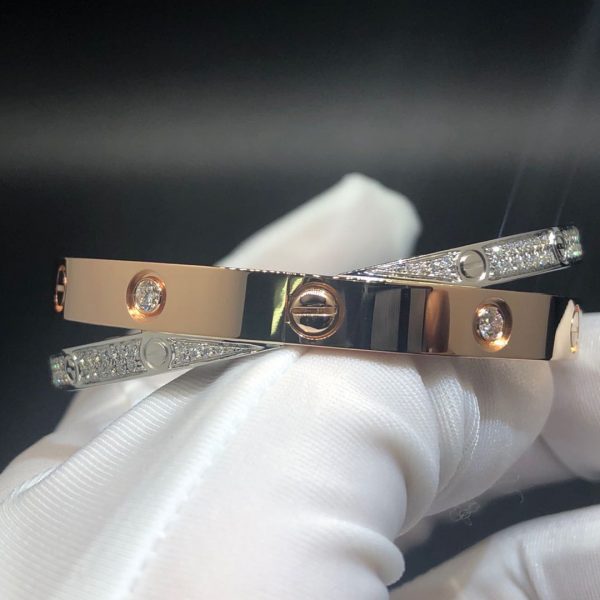 Vòng tay Cartier Pink & White Gold Pave Diamonds Double Love Bangle 18K
