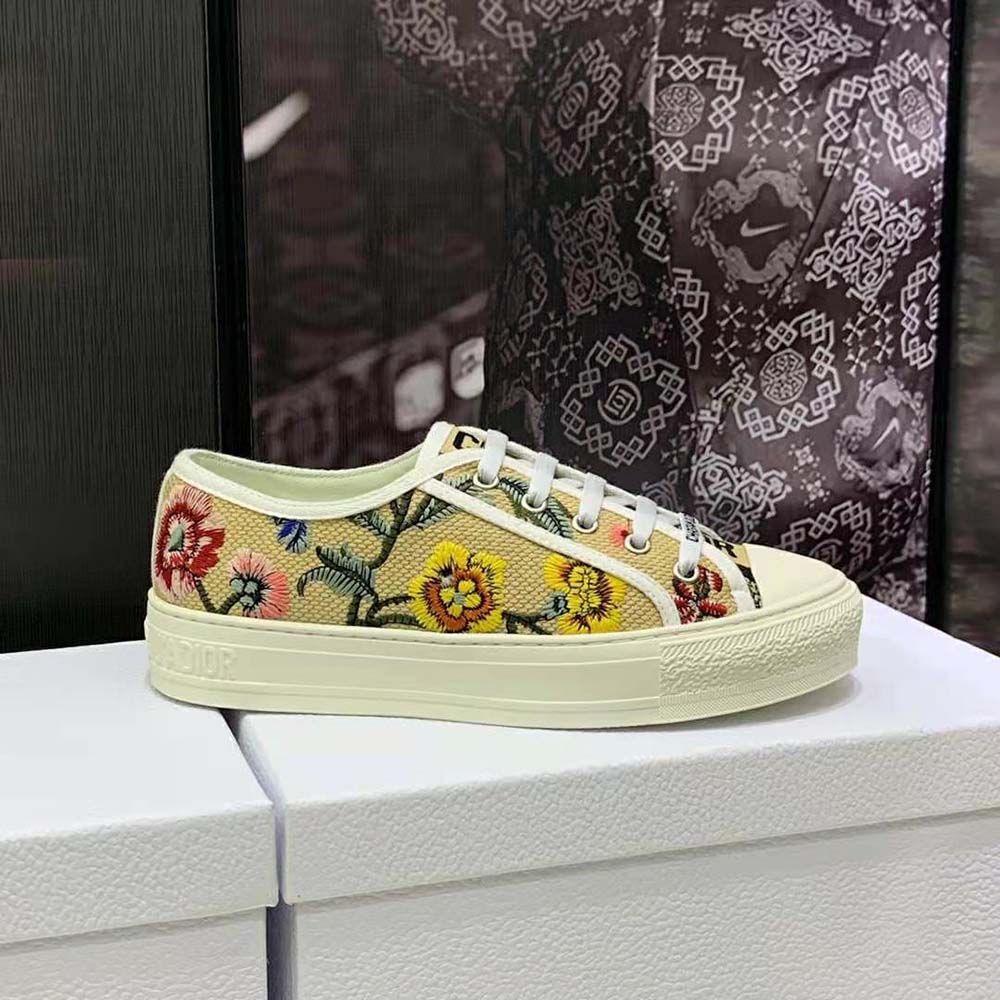 GIÀY Dior Women Walk’N’Dior Sneaker Beige Multicolor Raffia Embroidered with Dior Petites Fleurs Motif