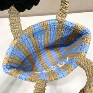 TÚI Prada Women Small Raffia Tote Bag with Embroidered Lettering Logo on the Front-Blue