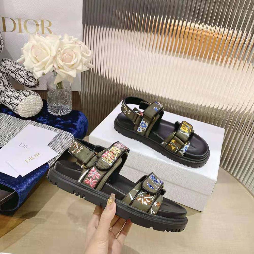 DÉP SANDAL DIOR Dioract Sandal Khaki Multicolor Technical Fabric Embroidered with Dior Petites Fleurs Motif