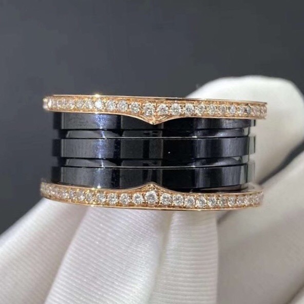 NHẪN BVLGARI B ZERO 1 FOUR BAND BLACK CERAMIC SPRIAL DIAMOND RING YELLOW GOLD 18K