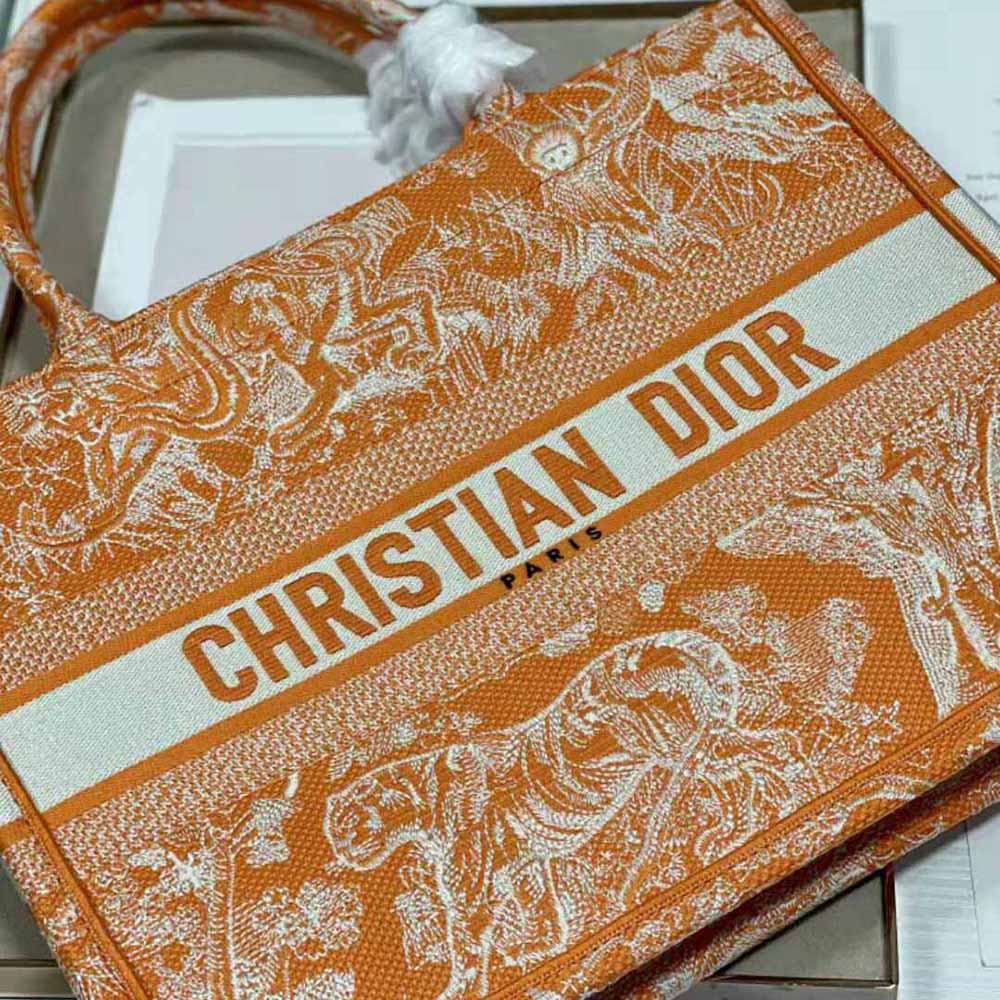 TÚI Dior Women Medium Dior Book Tote Fluorescent Orange Toile de Jouy Reverse Embroidery