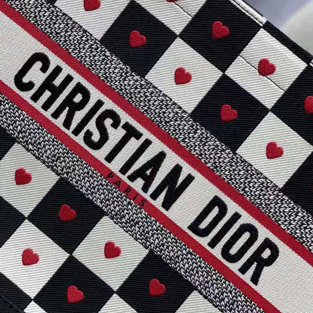 TÚI Dior Women Small Dioramour Dior Book Tote Black White and Red D-Chess Heart Embroidery